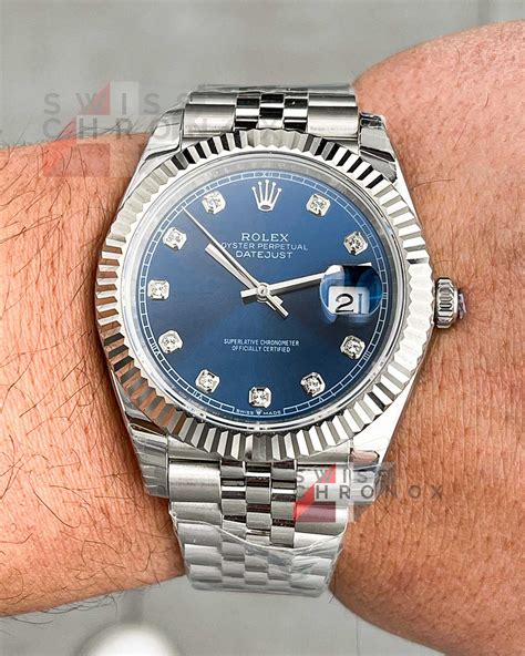 rolex datejust blue dial diamond|Rolex Datejust 41 diamond numbers.